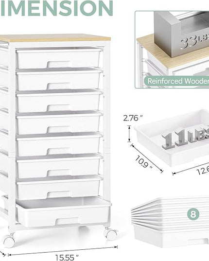 Rolling Cart with Drawers,8 Drawer Rolling Cart,Rolling Drawer Cart,Rolling Storage Drawer Cart,White Rolling Cart,Utility Cart with Drawers and Wooden Tabletop