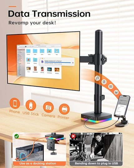 RGB Single Monitor Stand, Monitor Arm with 3 USB Ports, Charging and USB Data Transfer Function, Adjustable Desk Mount for 13"-27" Monitors up to 17.6lbs, VESA 75x75mm 100x100mm, Ergonomic Design