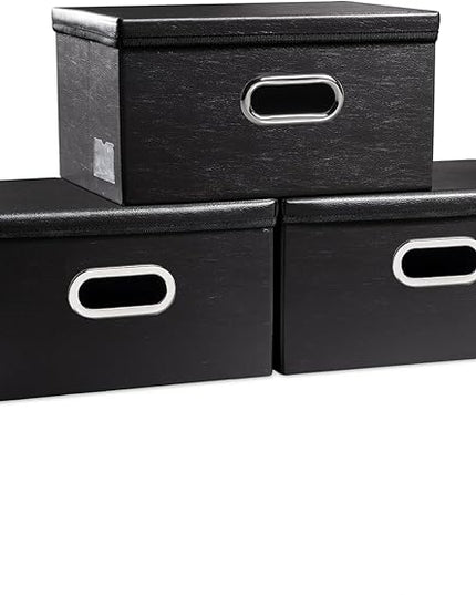 PRANDOM Collapsible Storage Box with Lid [3-Pack] Leather Fabric Foldable Storage Bin Organizer Container Basket Cube with Cover for Home Bedroom Closet Office Nursery Black(13.6x9.6x6.9)