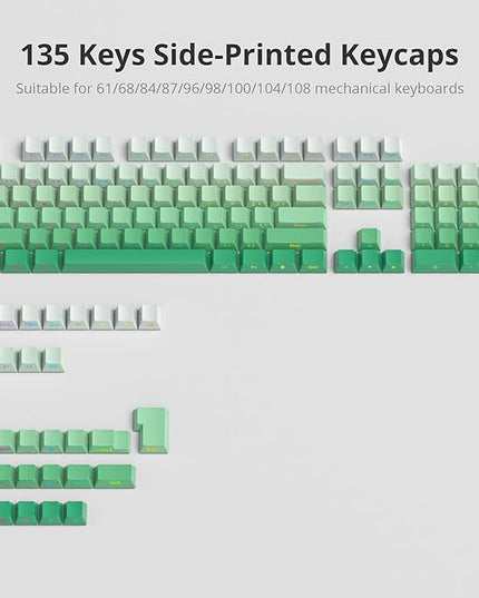 Cherry Profile Side Printed PBT Keycaps, 135 Key Minimalist Double Shot Shine Through Custom Keycap, Gradient Key Cap for Cherry MX Switches Mechanical Keyboard (Mint Green/Side Print)