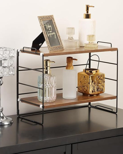 KATHY&BOB Wood Desk Shelf Organizer, 2-Tier Desktop Supplies Storage Rack, Adjustable Stackable Desk Shelf for Office, Kitchen, Bathroom, 15.75"*12.2"*7.87"
