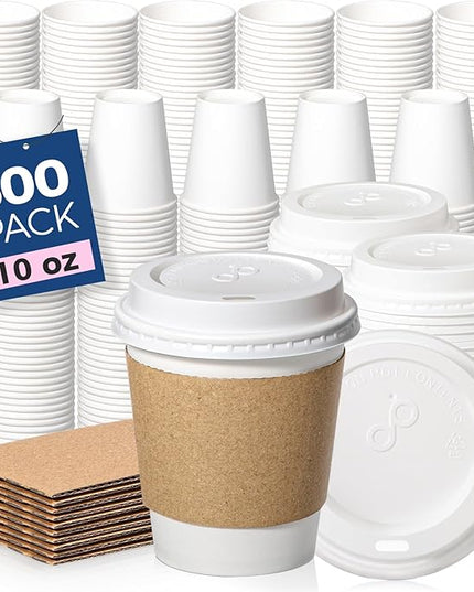 Fit Meal Prep 500 Pack 10 oz Disposable Coffee Cups with Lids, Sleeves, Leak-Proof To Go Coffee Cups with Lids, Durable Hot Paper Cups for Home, Office, Party, Business