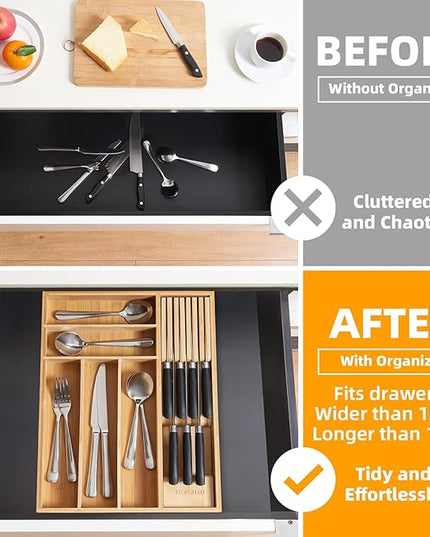 Small-Bamboo-Silverware-Drawer-Organizer, Expandable Utensil Kitchen Cutlery Tray Flatware Organization Adjustable Wood Tableware Dividers Storage (with Removable Knife Block)(Natural)
