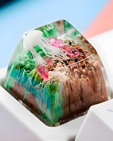 Jellyfish Artisan Keycap Green Brown Ocean R1 SA Profile Custom Sea Creature Keycaps 1U ESC Handmade Gaming Sea Resin Key Cap Cherry MX Switch Compatible Mechanical Keyboard Jellyfish Lover Gift