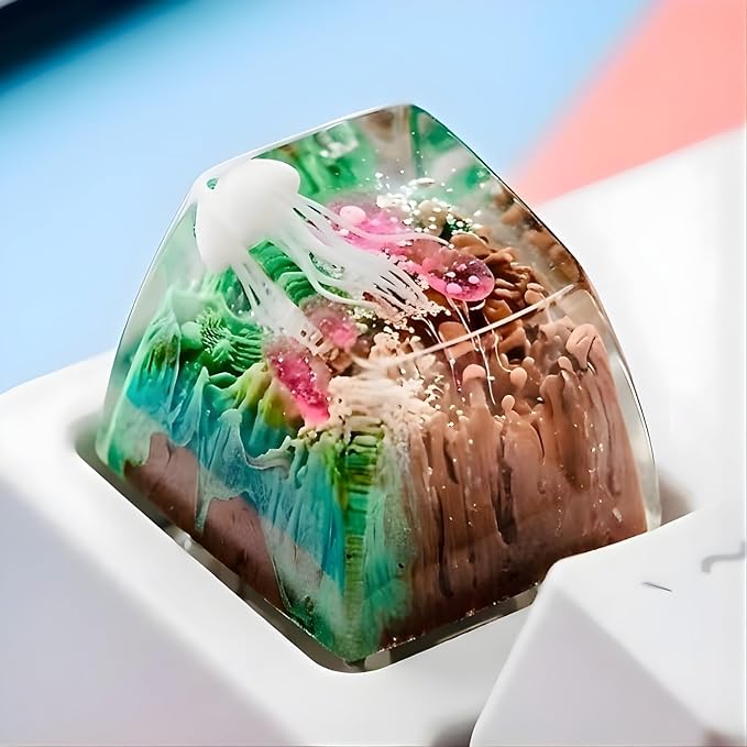 Jellyfish Artisan Keycap Green Brown Ocean R1 SA Profile Custom Sea Creature Keycaps 1U ESC Handmade Gaming Sea Resin Key Cap Cherry MX Switch Compatible Mechanical Keyboard Jellyfish Lover Gift