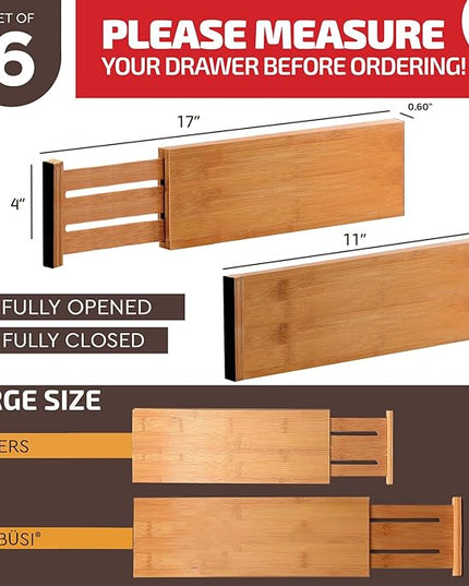 6 Pack Drawer Dividers 4 Inch High, 11”-17" Adjustable Bamboo Organizers Large Expandable Drawer Separators for Cloths, Dresser, Bedroom, Bathroom, Baby Drawer, Office & Kitchen Utensils (Natural)