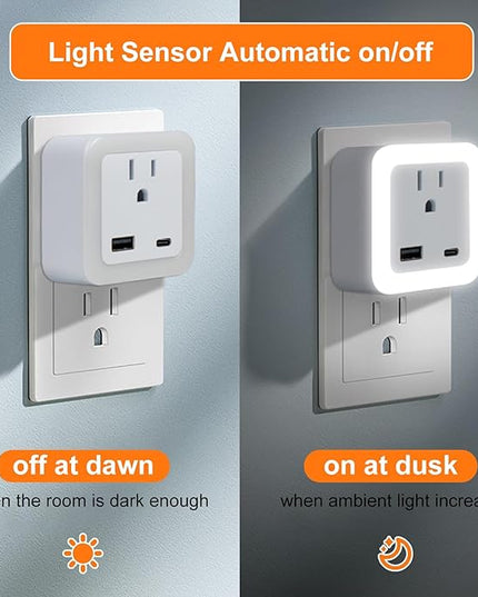 JackonLux Night Lights Plug Into Wall 2 Pack Rechargeable Battery Backup Light Dusk to Dawn Sensor Night Light with Outlet Expander for Adults Kids Bedroom, Kitchen, and Bathroom (Daylight - 5000K)