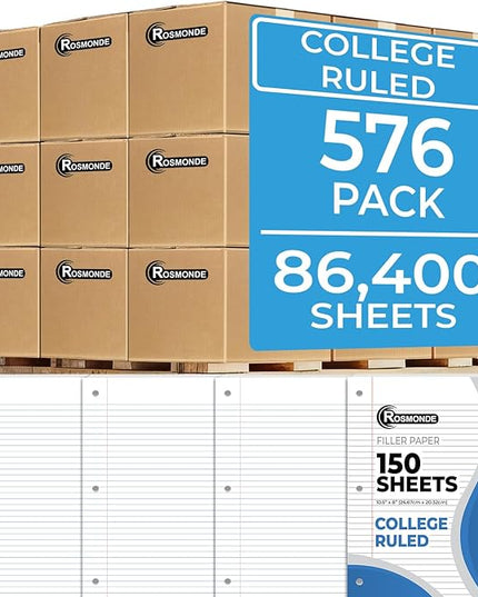 Rosmonde 576 Pack (Pallet) Loose Leaf Paper Bulk, 86400 Sheets, College Ruled, Pallet of Filler Paper, 150 Sheets/Pack, 8 x 10.5",3 Hole Punched, 56 Gsm Thick Paper, School & Office, 4-7 Days Transit