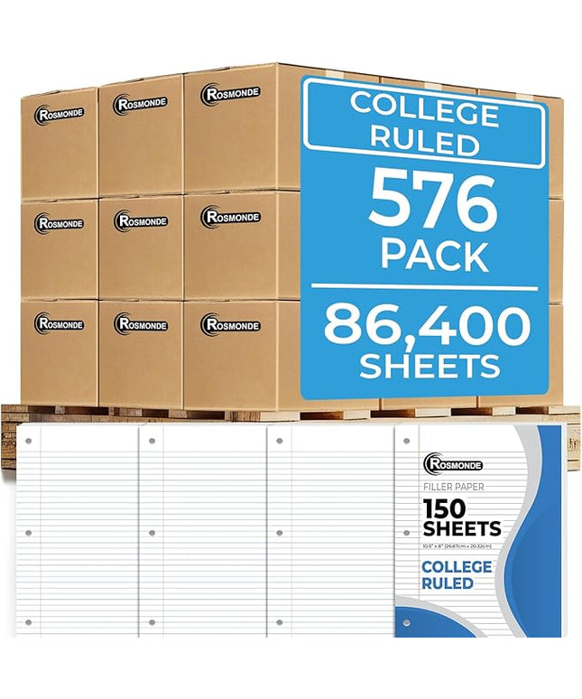 Rosmonde 576 Pack (Pallet) Loose Leaf Paper Bulk, 86400 Sheets, College Ruled, Pallet of Filler Paper, 150 Sheets/Pack, 8 x 10.5",3 Hole Punched, 56 Gsm Thick Paper, School & Office, 4-7 Days Transit