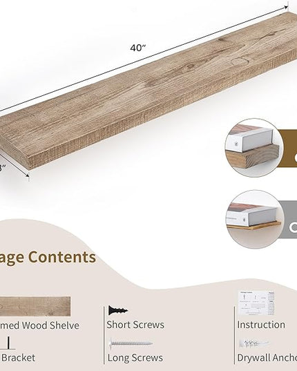 Floating Shelves Reclaimed Barnwood, 8" Deep Solid Wood Floating Shelf Wall Hanging Shelves with Invisible Heavy-Duty Metal Bracket | Wall Mounted | Farmhouse Style | 40 inches,2PCS,Natural