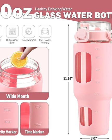 BLUEGO 40oz Glass Tumbler with Lid and Straw, Glass Water Bottles with Handle, Glass Cup with Time Marker and Silicone Sleeve, Fits Most Cup Holder, Leak-proof, Pink