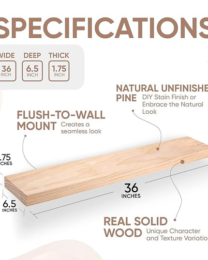 Homeforia 36 inch Wood Floating Shelves, High End Solid Natural Wood 36inch Large Floating Shelf Bathroom, Unfinished Wooden Floating Shelves for Wall, Heavy Duty Bracket, 36 X 6.5 X 1.75 in, Set of 2