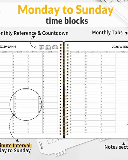 SUNEE 2026 Appointment Book 15-Minute Time Block - Daily, Weekly & Monthly Spiral Planner with Note Section - Thick Paper, Lay-Flat Bound - 8.5 x 11 for Office, School, Men & Women, Black