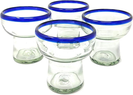 Dos Sueños Mexican Hand Blown Glass – Set of 4 Hand Blown Stemless Blue Rim Margarita Glasses (14oz)