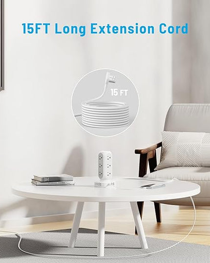 Flat Plug Power Strip Tower 15FT, 40W Total Fast Charging Station, Dual PD 20W USB-C Surge Protector with 12 AC Outlets and 8 USB Ports (4 USB C), Long Extension Cord for Home Office Dorm Room