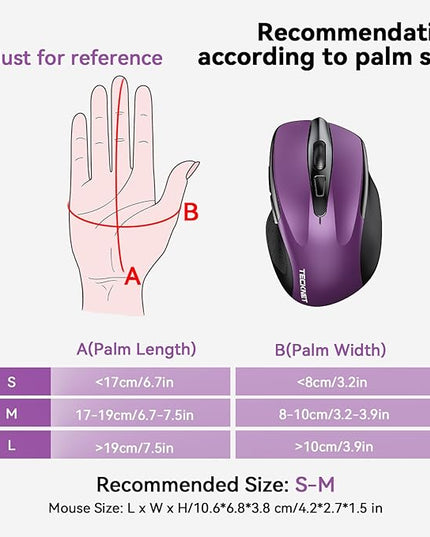 TECKNET Wireless Mouse (BT5.0/3.0 & 2.4G) Rechargeable 4800 DPI Silent USB A & Bluetooth Mouse 6 Buttons, Wide Compatibility - Purple