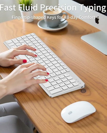 KVTVOU for Ultra-Slim Wireless QWERTY Keyboard, 3-in-1 Connection Modes (Dual Bluetooth+2.4G), Multi-Device Switching, Power-Saving & Anti-Slip, Compatible with PC/Laptop/Tablet/Phone, Sliver