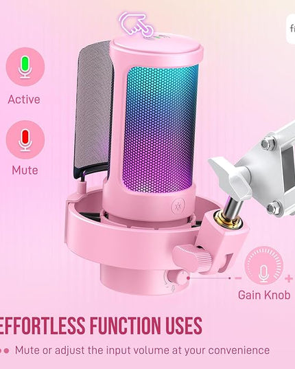 FIFINE USB Streaming Microphone with Boom Arm, Gaming Mic Kit for PC PS4/PS5, Podcast Microphone for Podcast with RGB Control, Mute Button, Gain Knob, Headphones Jack, Pop Filter-A8T Pink