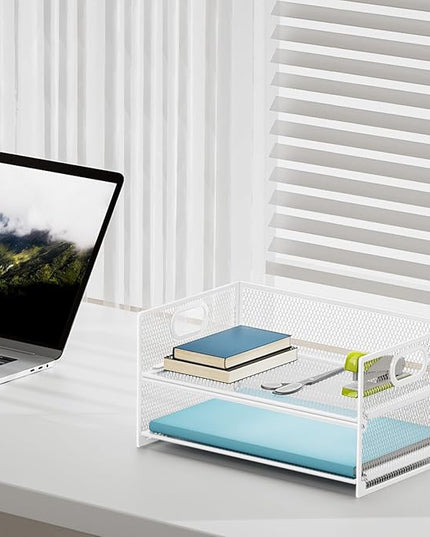 Marbrasse 2 Tier Paper Organizer Letter Tray, Mesh File Organizer with Handle, Paper Sorter Desk Organizer for Home Office Supplies - 2P White