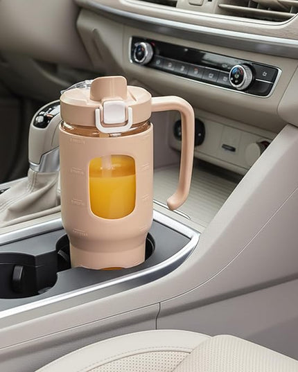 32oz Glass Tumbler with Straw Handle and 2-IN-1 Sip & Spout Lid, Reusable Iced Coffee Cup for Smoothie, Matcha, Leakproof Glass Water Bottle with Straw and Silicone Sleeve, BPA Free-Amber