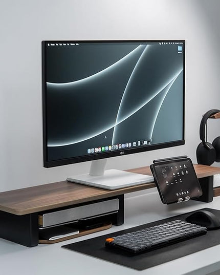 Raico Desk Cockpit Shelf Monitor Stand System Dual Screen Setup Wood Large Desk Accessory Organizer Unit (Walnut, Medium v2 | 36 Inches)