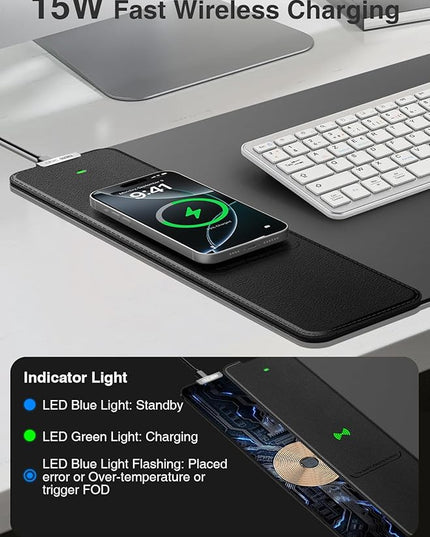 2-in-1 Mouse Pad with Wireless Charging, Gaming Mouse Pad, 31.5"x15.8" Large Desk Mat for Laptop/Keyboard, Waterproof Smooth Surface, Non-Slip Base, No Adapter