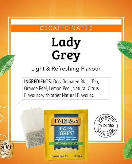 Twinings Decaffeinated Lady Grey Black Tea Individually Wrapped Bags, 100 Count (Pack of 1), Orange Peel & Lemon Peel, Fresh and Uplifting, Caffeinated, Enjoy Hot or Iced, 100 Teabags
