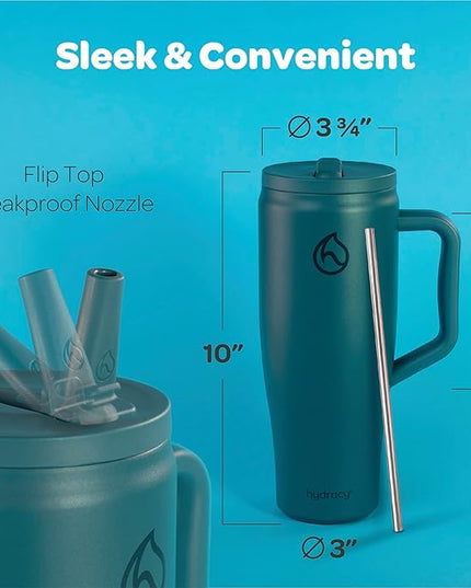 Hydracy Soulmate Insulated Tumblers with Handle and Stainless Steel Straw - 100% Leakproof Reusable Insulated Cup - Cupholder Friendly Rubber Base Travel Mug - Twilight Teal