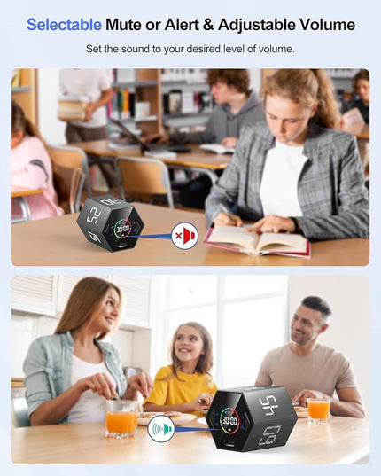 Pomodoro Timer Cube, Hexagon Productivity Timer, Pause & Resume, Silent, Vibrate & Adjustable Sound Alert, for ADHD, Task, Work, Study, 5/15/25/30/45/60min & Custom Countdown,Gray