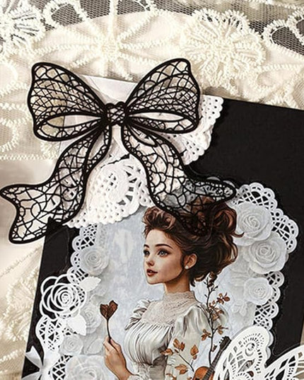 20Pcs Lace Bow Stickers for Scrapbooking Junk Journal Supplies Black White Bows PET Stickers for Journaling Scrapbook Sticker Pack Collage Vintage Decorative Sticker Stationery Decals for Crafts