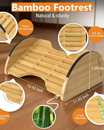 Bamboo Foot Rest for Under Desk at Work - Reversible Rocking Under Desk Footrest 2-in-1 with 6 Adjustable Heights, Ergonomic Foot Rest Under Desk with Anti-Slip Surface for Home, Office and Gaming