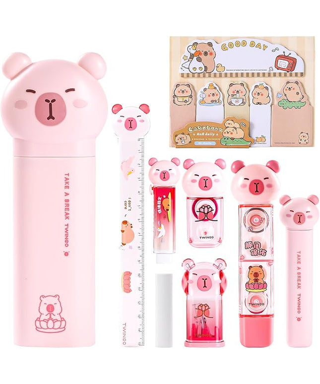 9 Pcs Cute Capybara Stationary Set Kawaii School Supplies Japanese Stationery, Includes Pencil Sharpener, Eraser, Correction Tape, Glue Tape, Sticky Notes, Ruler, Scissors for Office School Supplies