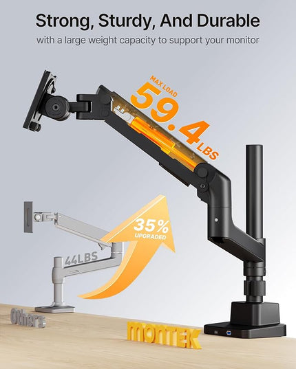 monTEK Heavy-Duty Single Monitor Arm for 17-57 inch, up to 59.4lbs Ultrawide Screens,Gas Spring Dual Curved Adjustable Monitor Stand for Desk,75/100mm VESA Mount with USB，Black