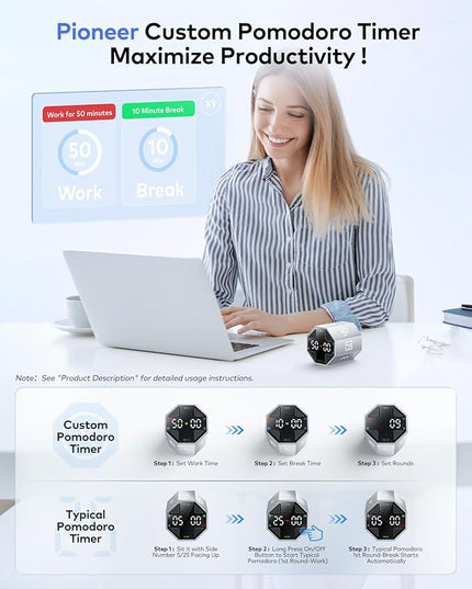 Pomodoro Timer Cube, Custom Pomodoro, Pause & Resume, Silent, Vibrate & Adjustable Sound Alert, for ADHD, Task, Work, Study, 3/5/10/15/30/45/60min & Custom Countdown,Silver