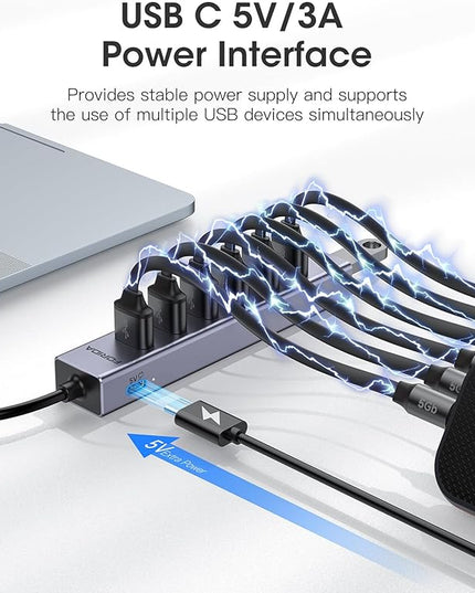 FORIDA Aluminum Alloy 8 Port USB Hub Long Cable USB Splitter with 7-USB3.0 Data Ports and TypeC 5V/3A Power Port Compatible with MacBook, Laptop,Surface Pro, PS5, PC and More (Gray, USB A-47in)
