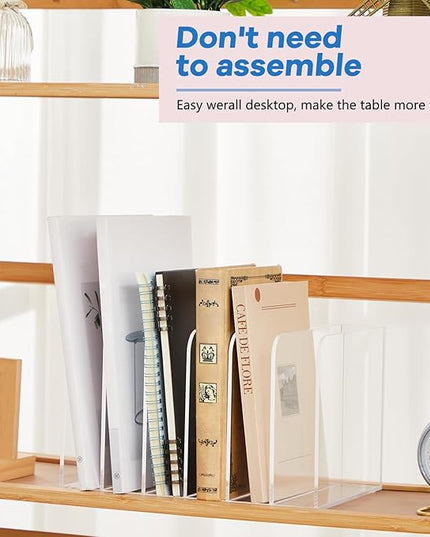Suzile Clear Acrylic Magazine File Holder with Vertical Compartments Desk Organizer Book Rack for Desk Sorter Paper Folder Office Accessories (Classic,10.5 x 6.9 x 6.3 Inch)