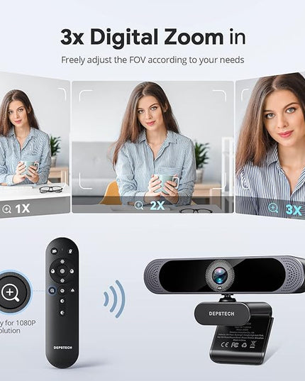DEPSTECH 4K Webcam, Ultra HD 1/2.55'' Sony Sensor, 3X Digital Zoom, Dual Noise-Canceling Microphones, Remote Control, Auto Focus, Streaming Webcam for PC, Mac, Laptop, Video Call, Zoom, Skype, Teams