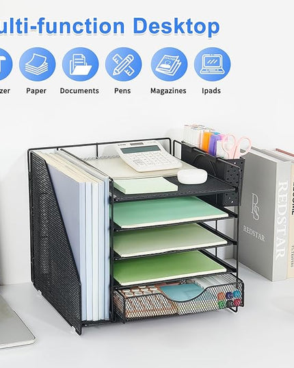 OUTIOE Desk Organizer with Drawer and Pen Holder, 5-Tier Paper Letter Tray Organizer with File Holder, Suitable for Workspace Organizer Office Supplies Storage (Black)