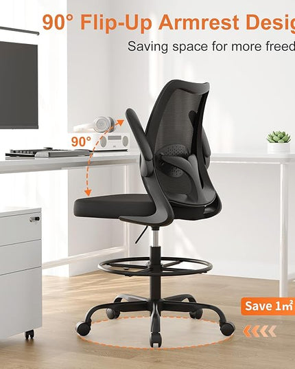 Drafting Chair,Tall Office Chair with Adjustable Footrest Ring,Lumbar Support,Ergonomic High Desk Seat,Flip-Up Armrests,Breathable Mesh Standing Stool for Home Office,Black