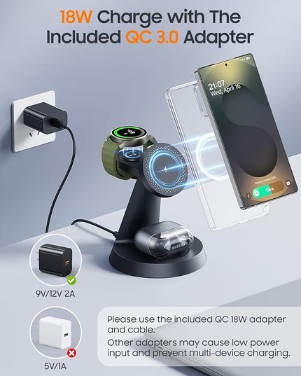 Magnetic Wireless Charger for Samsung, 3 in 1 Charging Station Compatible with MagSafe Samsung Charger for Galaxy S25 Ultra S24 Z Fold7/Flip7, Watch Charger Stand for Galaxy Watch Ultra 8 7, for Buds