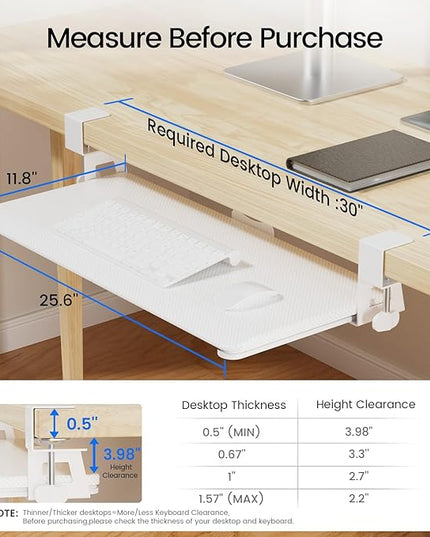 NearHub Large Keyboard Tray Under Desk Slide Out with Extra Sturdy C Clamp Mount System,26'' (30'' including Clamps) x11 Slide-Out Keyboard Drawer Under Desk for Typing,Keyboard Mouse Tray,White