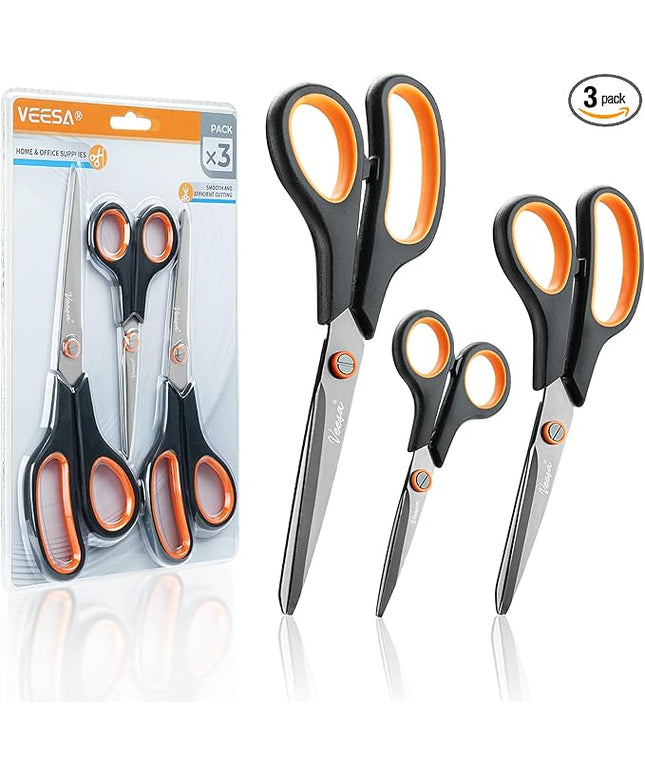 Scissors, 3-Pack Titanium Coated Non-Stick Scissors (8.5’’, 7.5’’, 5.5’’), Comfort Grip, All-Purpose Cutting Tools for Office, Craft, Sewing