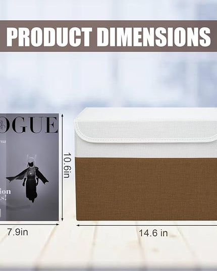 Large 22 Quart Linen Fabric Foldable Storage Bin Cube Organizer Basket with Flip-Top Lid & Handles, Clothes Blanket Box for Home, Office, Closet, Brown & White, 4 Pack 14.6 x 9.5 x 9.5