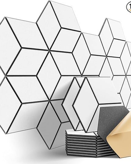 12-Pack Self-Adhesive Acoustic Panels 12" x 10" x 0.4" High-Density, Flame-Resistant Soundproof Foam. Absorbs Noise and Eliminates Echoes, Hexagonal 3D Design (White Face)