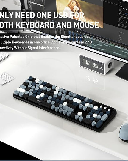 FOPETT 2.4GHz Wireless Keyboard and Mouse Set with Switch Button - Full-Size Keyboard - Compatible for Windows/Laptop/PC/Notebook/Smart TV and More - Grey Colorful