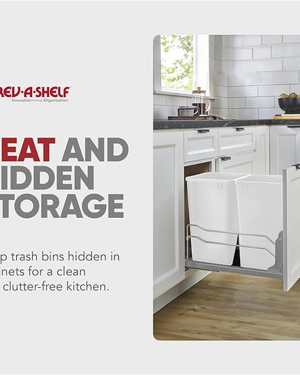 Rev-A-Shelf Double Trash Can Under Kitchen Cabinets Pullout, 35 Quart 8.75 Gallon with Soft-Close Slides, White, 53WC-1835SCDM-211
