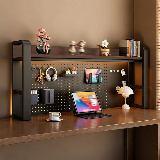 2/3/4 Tier Desktop Bookshelf with Pegboard and Storage Parts, Metal Desktop Organizer Hutch, Desk Shelves for Top of Desk, Shelf Organizer Display Rack for Dorm Home(Black+Brown,2-tier L29.5in)