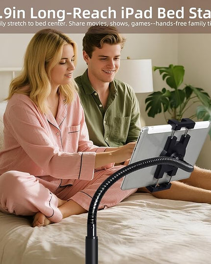 wishacc Adjustable Floor Tablet Stand with Rolling Base, Flexible Gooseneck Mount, Wood Platform, Mobile Device Holder for Indoor Use