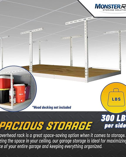 MonsterRax 4x8 Overhead Garage Storage Rack Frame Kit - Hanging Garage Ceiling Storage Rack System - (White, 24"-45")