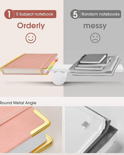 Hardcover Spiral Notebook Journal with Removable Dividers Tabs, 300 Pages Leather 5 Subject Notebook College Ruled, 8"x10" Large B5 Notebooks for Work School Note taking, Lined Journal for Women, Pink